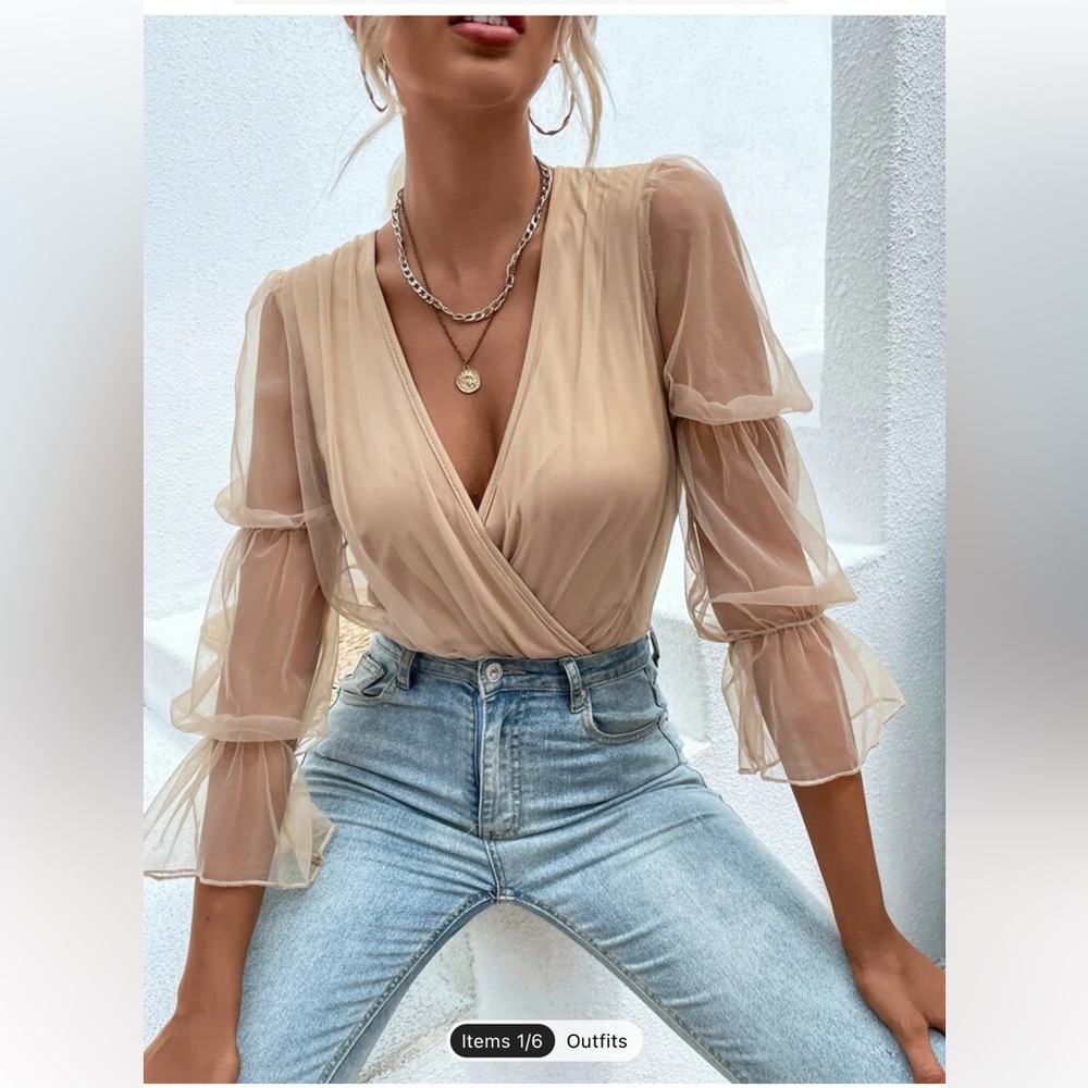 Contrast Mesh Gathered Flounce Sleeve Bodysuit